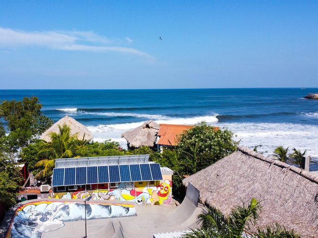 Miramar Surf Camp in Leon, Nicaragua, aerial shot of one of the best Nicaragua surf camps overlooking the ocean