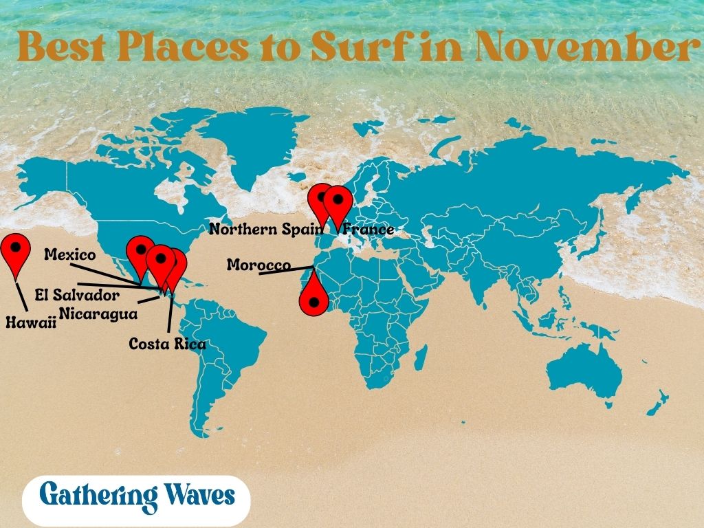 Map of the Best Places to surf in November in the world
