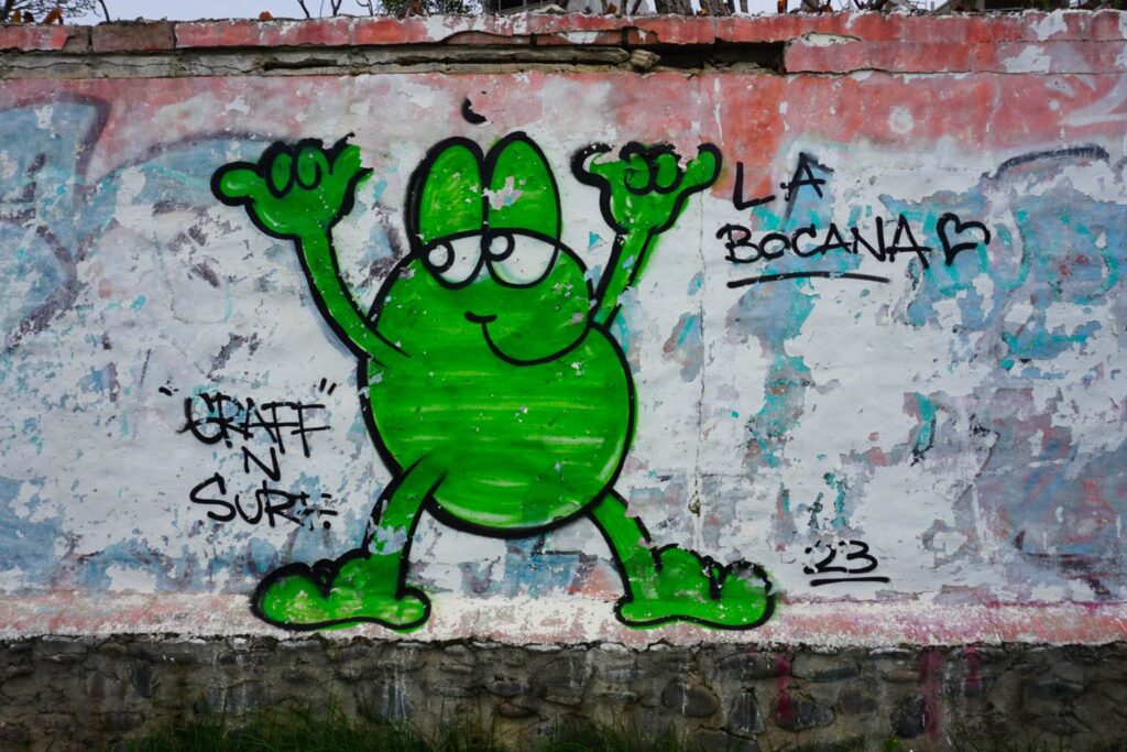 Graffiti of a frog doing shakas in front of the La Bocana surf break in El Tunco